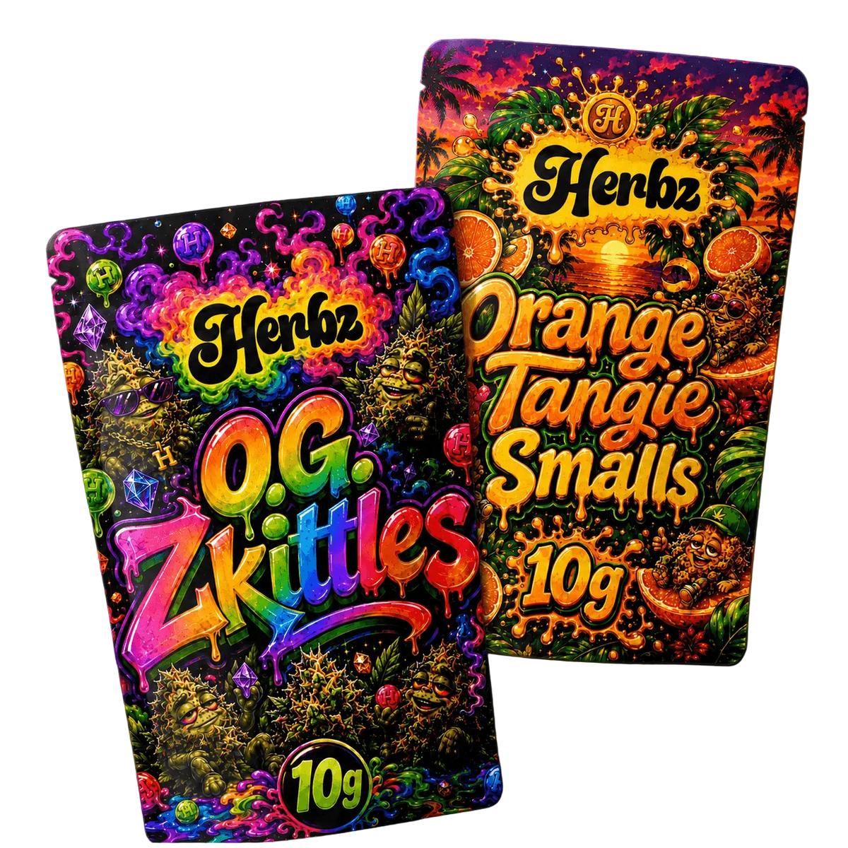 O.G. Zkittles og Orange Tangie Smalls 20g THCA bundle med to flower-produkter på sort baggrund
