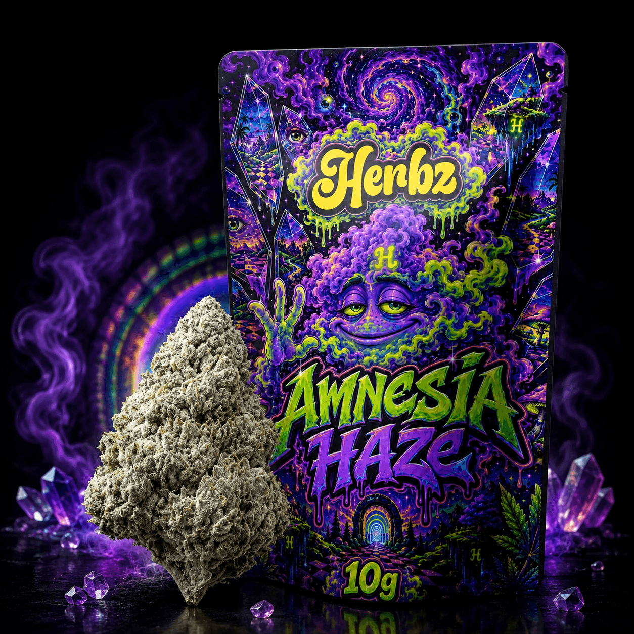 Nærbillede af Amnesia Haze 23% THCA med grønne nuancer og orange pistiller