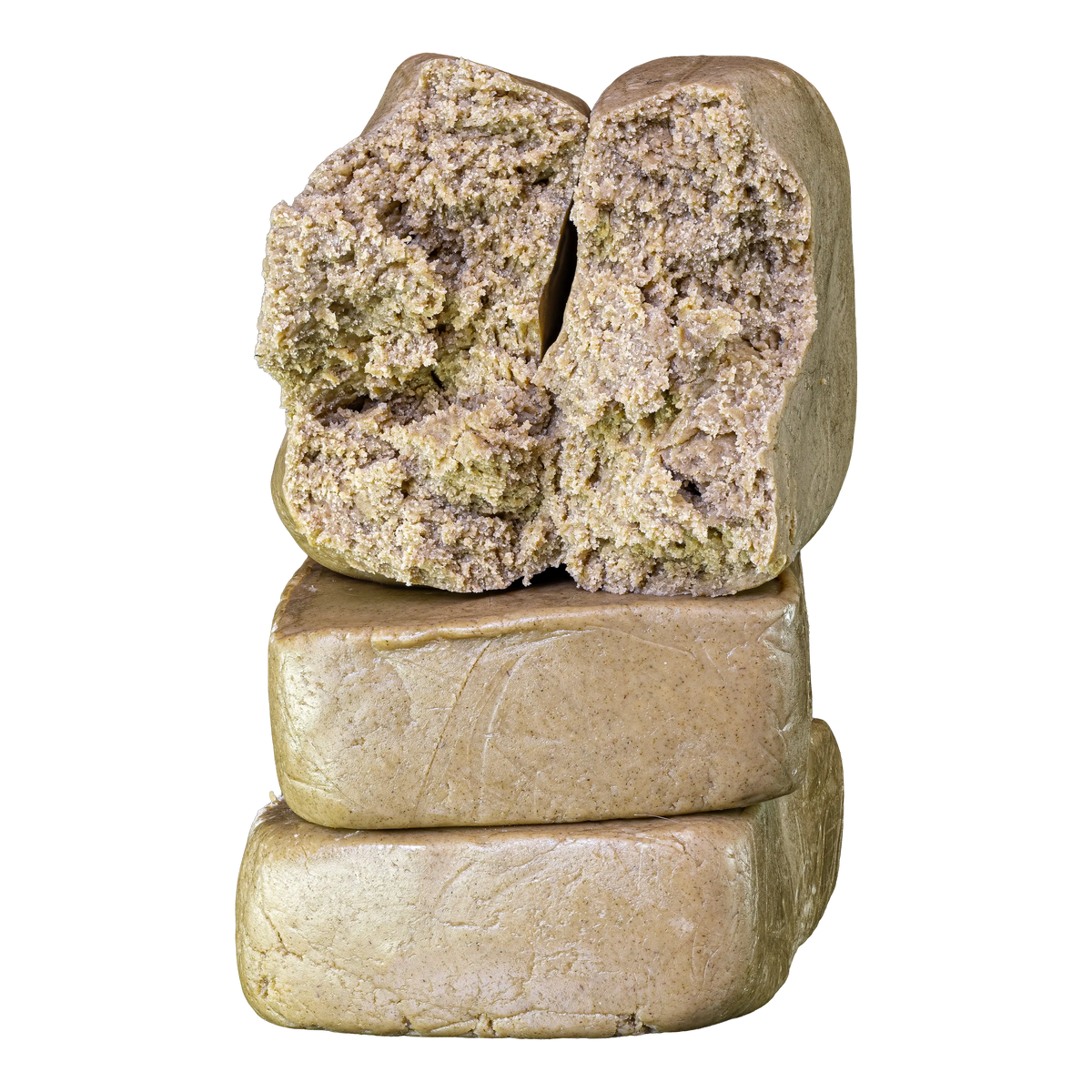 Primo piano di Piatella 60% THCA con struttura di hash cremosa e ricca di tricomi