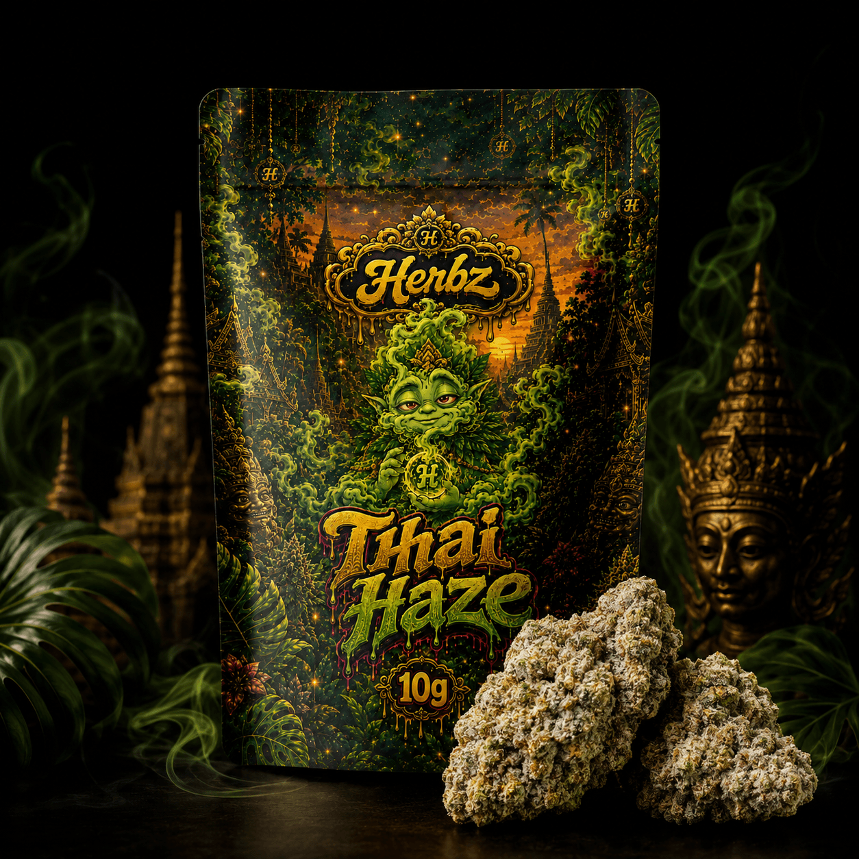 Nærbillede af Thai Haze 23% THCA med lysegrønne nuancer og orange pistiller