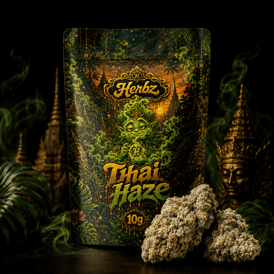 Nærbillede af Thai Haze 23% THCA med lysegrønne nuancer og orange pistiller